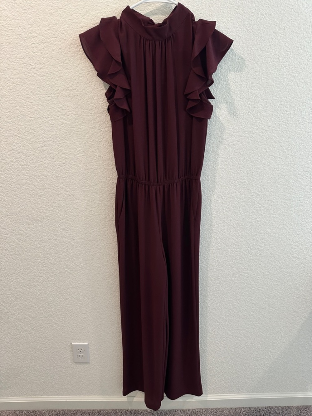 1.State Sleeveless Ruffle Mock-Neck Jumpsuit in Burgundy